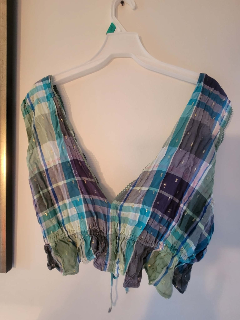 aerie Plaid V-Neck Ruched Crop Top in Teal, Navy & Lavender